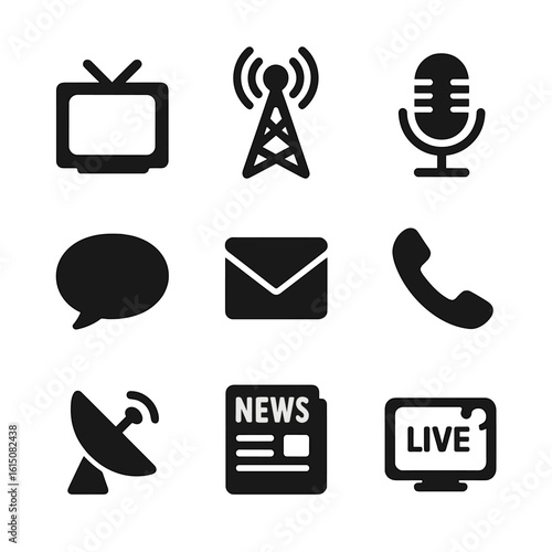 Communication Channels Icons. Solid, filled icon set of communication channels: TV screen, radio tower, podcast mic, chat bubble,