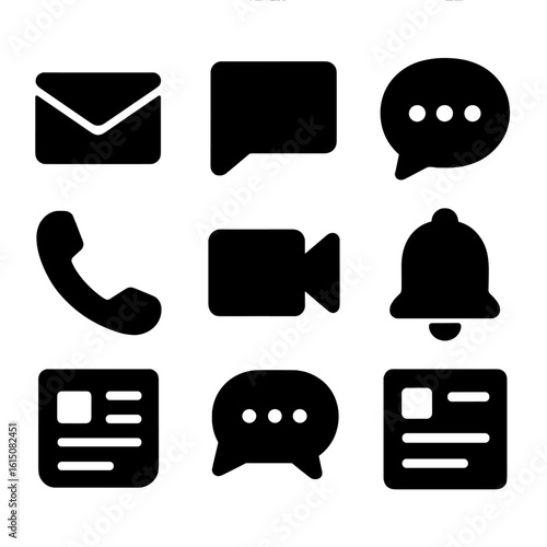Communication Icon Set. Solid, filled icon set of communication channels: email, direct message, chat bubble, phone call, video
