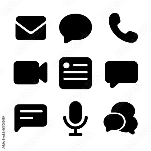 Communication Channel Icons. Solid, filled icon set of communication channels: email, chat bubble, phone call, video call, social