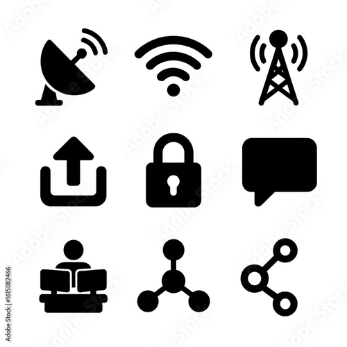 Communication Icons Grid. Solid, filled icon set of communication and data transmission: satellite dish, radio waves, antenna