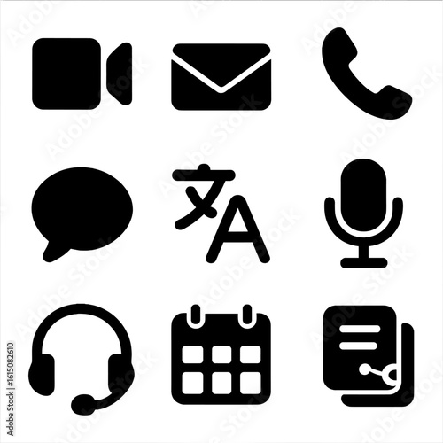 Communication Tool Icons. Solid, filled icon set of communication tools in collaboration: video call, email, phone, chat bubble,
