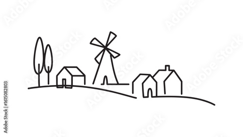Simple Rural Scene with Windmill and Houses Line Art on Transparent Background Vector