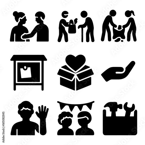 Community Support Icons. Solid, filled icon set of community support: helping neighbor, carrying groceries, group cleanup,