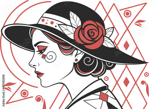 Stylish vector illustration of a glamorous woman's face with a hat, showcasing her unique hair and fashion design