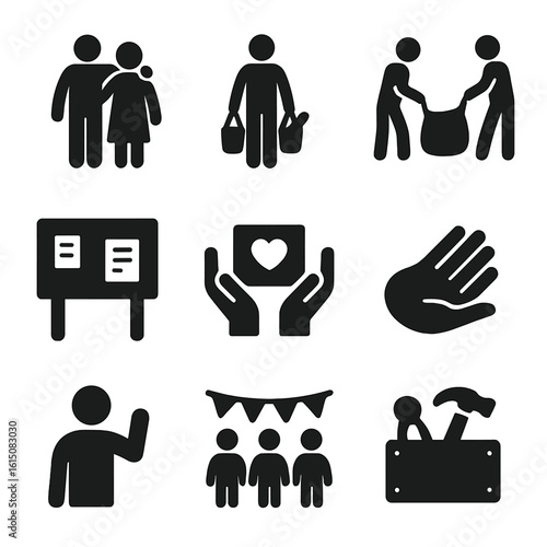 Community Support Icons. Solid, filled icon set of community support: helping neighbor, carrying groceries, group cleanup,