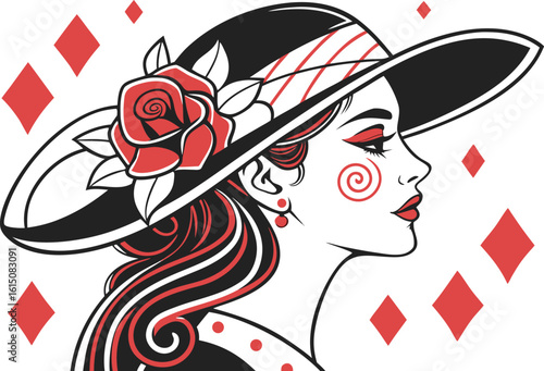 Floral illustration of a beautiful woman's face with flowing hair and a stylish hat, embodying grace and artistic design