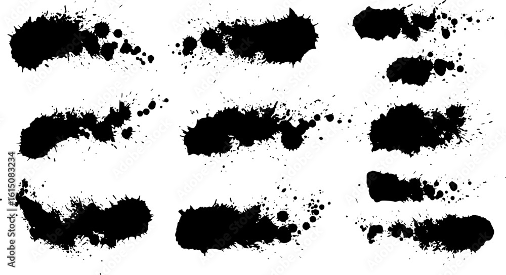Fototapeta premium Black vector ink or paint splashes and drops set, isolated on a white background