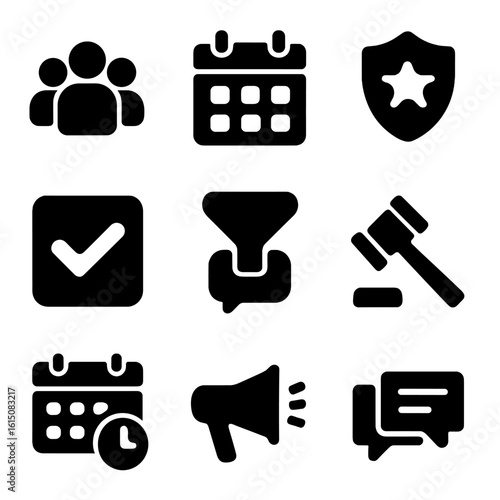 Community Tools Icons. Solid, filled icon set of community management tools: group icon, event calendar, moderator badge, admin
