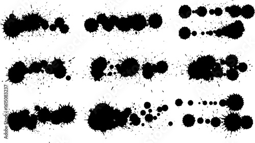 Black vector ink or paint splashes and drops set, isolated on a white background