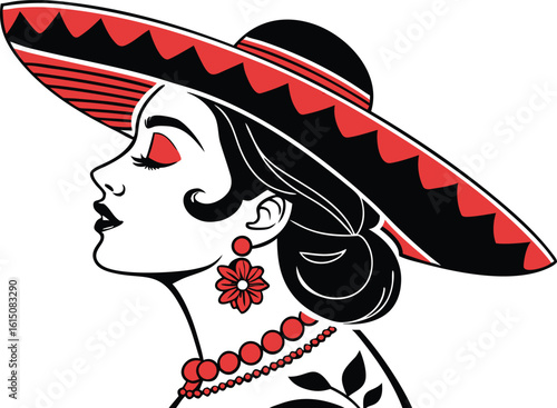 Fashionable woman with a hat, her face adorned with a flower, in a glamorous vintage-style illustration