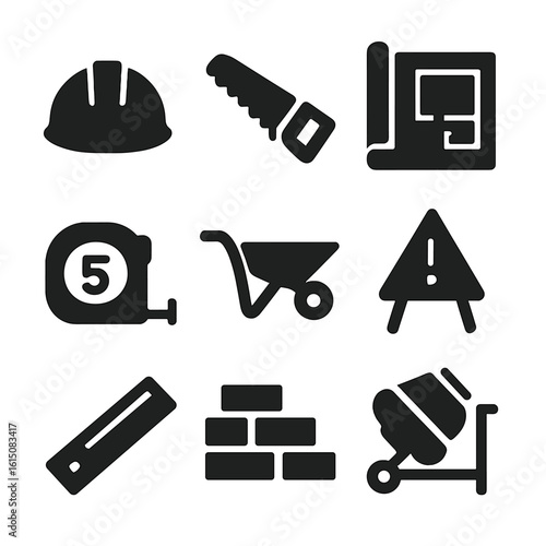Construction Icons Grid. Solid, filled icon set of volunteer tourism essentials: backpack, globe, handshake, heart, airplane,