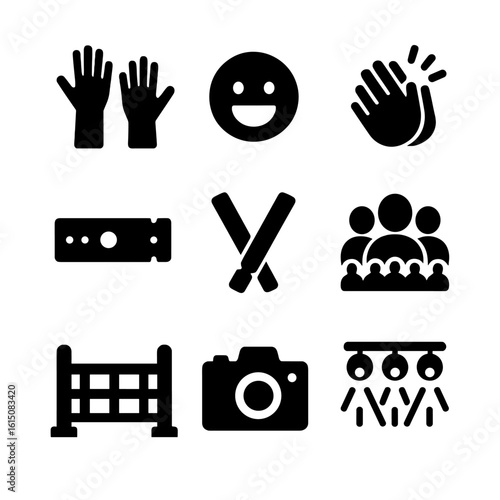 Concert Icon Set. Solid, filled icon set of concert crowd: raised hands, cheering face, clapping hands, concert wristband, glow
