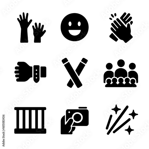Concert Icon Set. Solid, filled icon set of concert crowd: raised hands, cheering face, clapping hands, concert wristband, glow