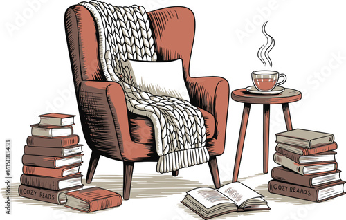Cozy reading nook with armchair and books stack