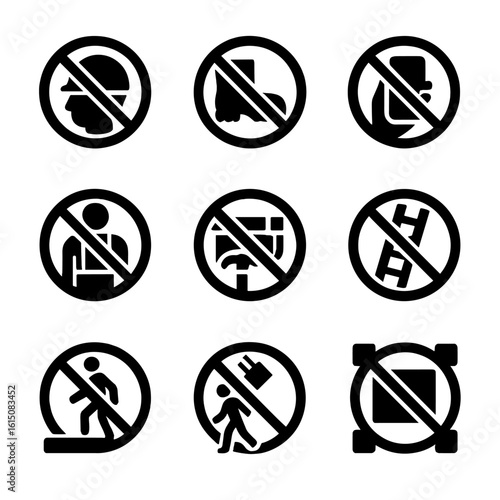 Construction Safety Violations. Solid, filled icon set of construction safety violations: no helmet, improper footwear, phone use,