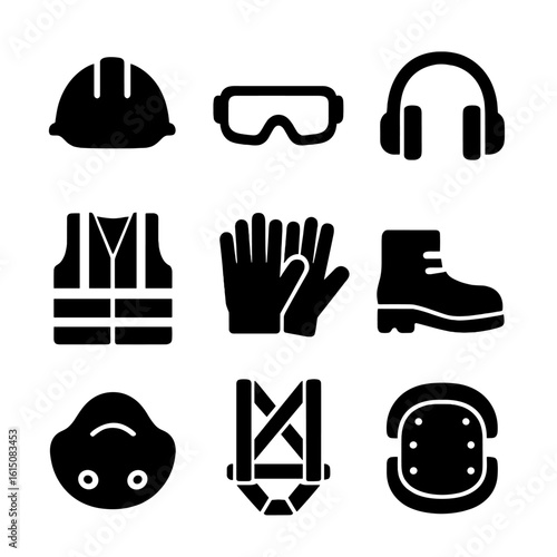Construction Safety Icons. Solid, filled icon set of construction worker safety gear: hard hat, safety goggles, ear protection,