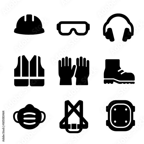 Construction Safety Icons. Solid, filled icon set of construction worker safety gear: hard hat, safety goggles, ear protection,