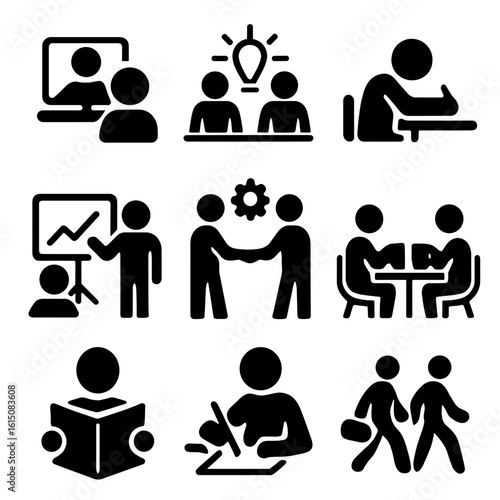Coworking Activities Icons. Solid, filled icon set of coworking activities: video call, brainstorming, writing, presentation,