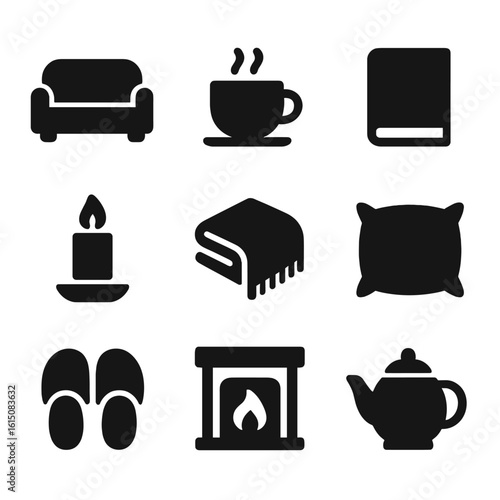 Cozy Comfort Icons. Solid, filled icon set of relaxation and comfort: sofa, coffee cup, book, candle, blanket, pillow, slippers,