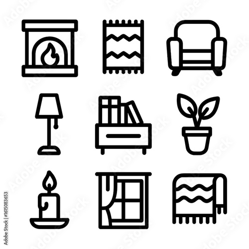 Cozy Room Icons. Solid, filled icon set of cozy room atmosphere: fireplace, rug, armchair, lamp, bookshelf, potted plant, candle,
