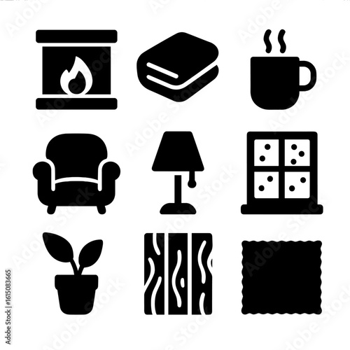 Cozy Home Icons. Solid, filled icon set of cozy home atmosphere: fireplace, warm blanket, steaming mug, soft chair, glowing lamp,
