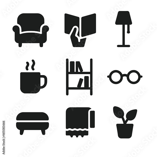 Cozy Corner Icons. Solid, filled icon set of cozy reading corner: armchair, book in hand, floor lamp, tea mug, open shelf, reading