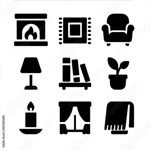 Cozy Room Icons. Solid, filled icon set of cozy room atmosphere: fireplace, rug, armchair, lamp, bookshelf, potted plant, candle,