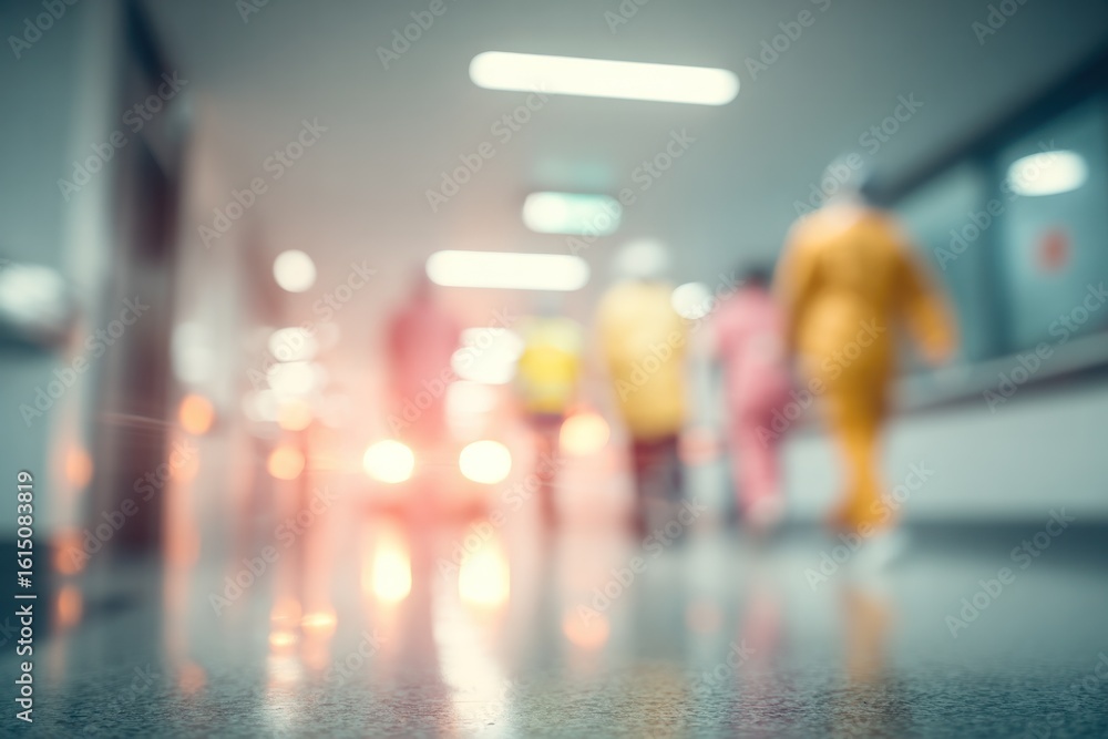 Fototapeta premium Blurred Background of Medical Professionals Walking in Hospital Corridor for Healthcare Website Background or Corporate Presentation