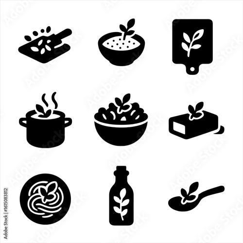 Culinary Herb Icons. Solid, filled icon set of culinary herb uses: chopped herbs, seasoning bowl, cutting board, soup pot, salad