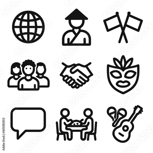 Cultural Diversity Icons. Solid, filled icon set of cultural diversity: globe, traditional clothing, flags, multi-ethnic group,