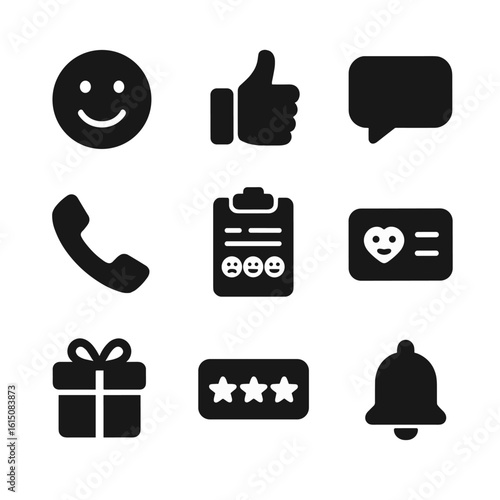 Customer Experience Icons. Solid, filled icon set of online food ordering: laptop with food app, shopping cart, pizza slice,