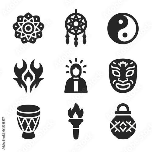 Cultural Symbols Icons. Solid, filled icon set of cultural symbols photography: mandala, dreamcatcher, yin yang, tribal tattoo,