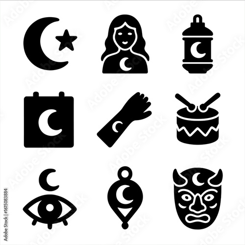 Cultural Moon Icon Set. Solid, filled icon set of cultural moon symbols: crescent with star, moon goddess, moon lantern, lunar