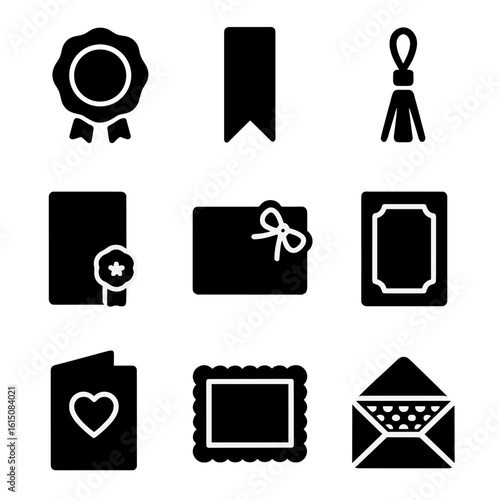 Decorative Stationery Icons. Solid, filled icon set of decorative stationery items: wax seal icon, ribbon bookmark, tassel charm,