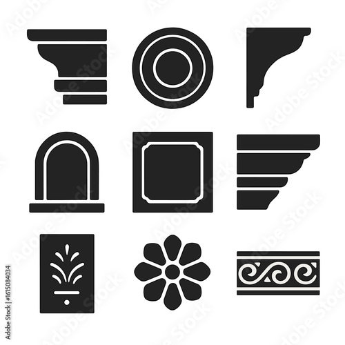 Decorative Plaster Icons. Solid, filled icon set of decorative plaster work: crown molding, ceiling medallion, corner bead, arched