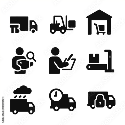 Delivery Icons Set. Solid, filled icon set of delivery scenarios: truck at dock, unloading with forklift, handcart to warehouse,