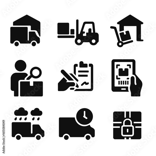 Delivery Icons Set. Solid, filled icon set of delivery scenarios: truck at dock, unloading with forklift, handcart to warehouse,