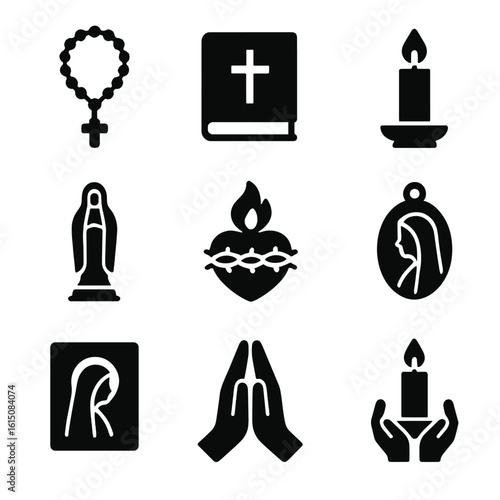 Devotional Icon Set. Solid, filled icon set of devotional art: rosary beads, prayer book, candle, statue of Mary, sacred heart,