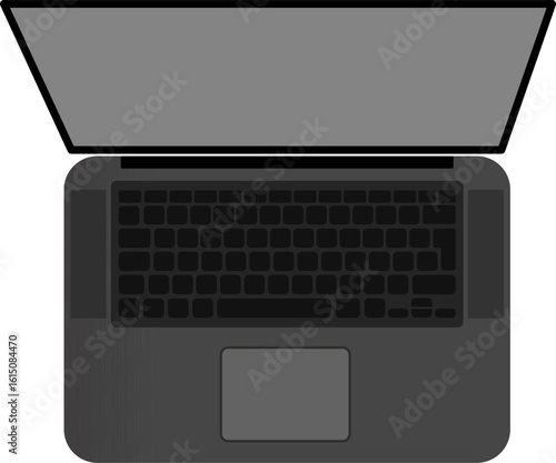 black laptop, top view open notebook with dark keyboard and blank screen perfect for tech device mockup design template digital workspace UI UX presentation composition layout

