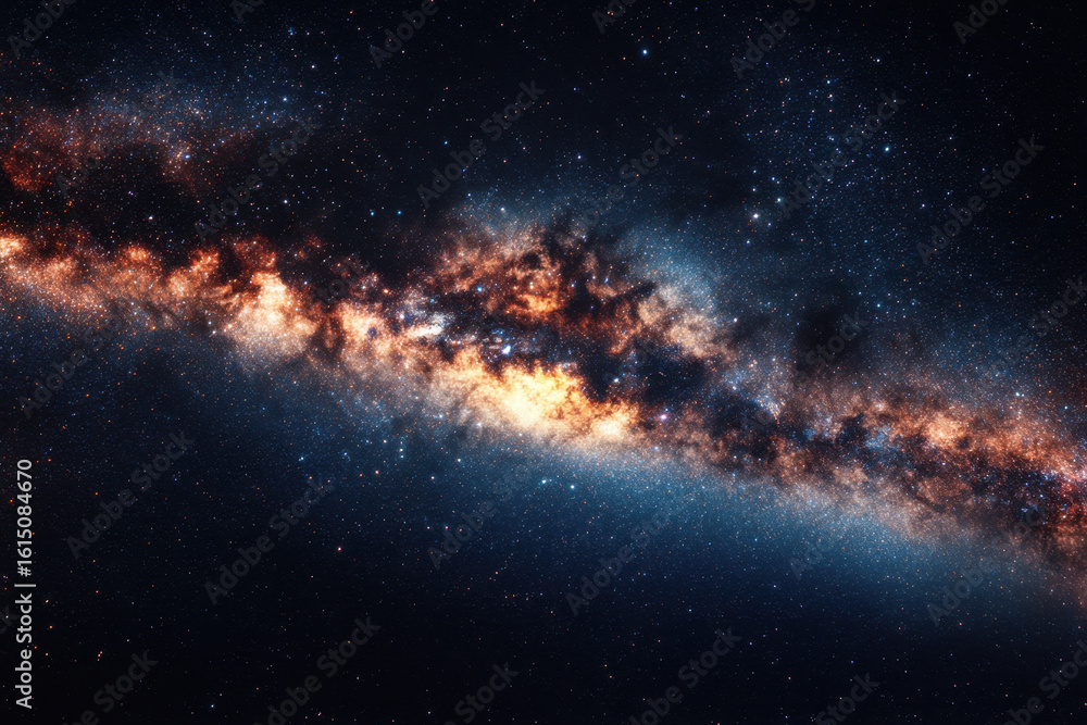 Fototapeta premium Beautiful galaxy stretches across the deep space, showing countless stars and vibrant cosmic dust clouds glowing brightly.