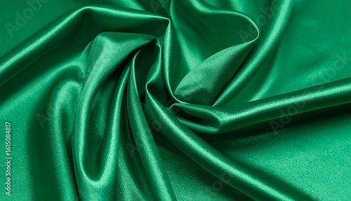 Rich emerald green satin fabric, luxuriously draped and folded, showcasing its smooth texture and subtle sheen