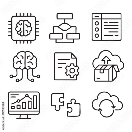A clean and modern icon set tailored for industry-specific tech themes. includes 9 monochrome line icons representing AI chip, data flow, machine learning, cloud sync, analytics, API, legal 