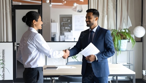 Indian friendly ceo businessman hr director holding job contract hiring welcoming fem .