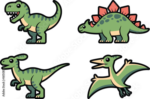 Four stylized cartoon dinosaurs T-Rex Stegosaurus