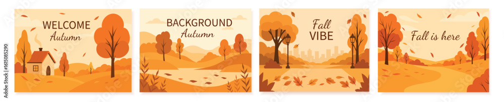 Naklejka premium Set of vector autumn backgrounds with trees, leaves and landscapes. With text Hello Autumn, Autumn vibe and more. Perfect for cards, backgrounds and seasonal design