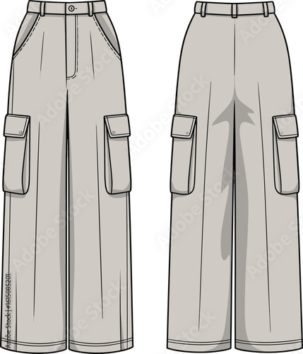 Wide leg cargo pants, front and back view, technical fashion cad sketch, flat vector illustration, utility design, stylish clothing