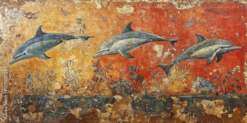 Three dolphins swim among red and yellow sea plants in detailed underwater mural with textured background resembling aged wall painting. Generative by AI.