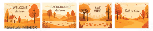 Set of vector autumn backgrounds with trees, leaves and landscapes. With text Hello Autumn, Autumn vibe and more. Perfect for cards, backgrounds and seasonal design