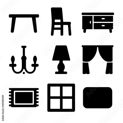 Dining Room Icons. Solid, filled icon set of dining room furniture: dining table, chair, sideboard, buffet, chandelier, table lamp