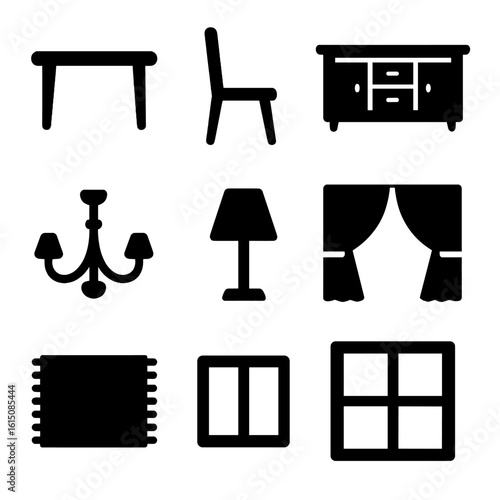 Dining Room Icons. Solid, filled icon set of dining room furniture: dining table, chair, sideboard, buffet, chandelier, table lamp
